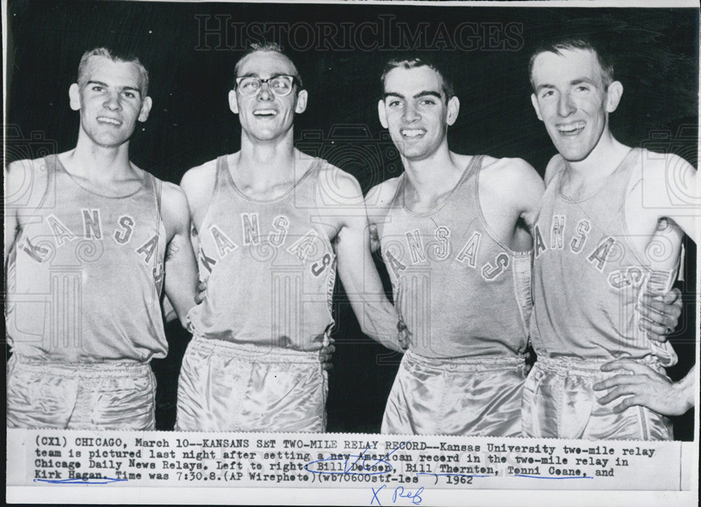 1962 Press Photo Kansas University Two-Mile Relay Team, Set New American Record - Historic Images