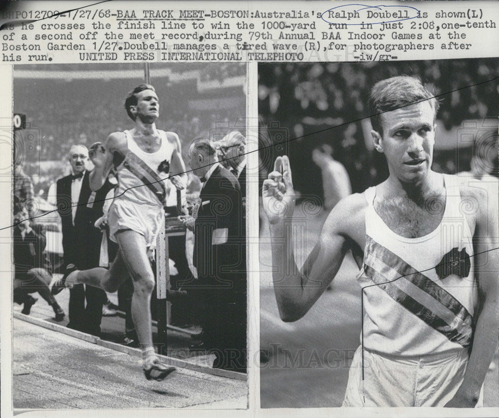 1968 Press Photo Ralph Doubell is shown at finish line as he wins 1000 dash - Historic Images