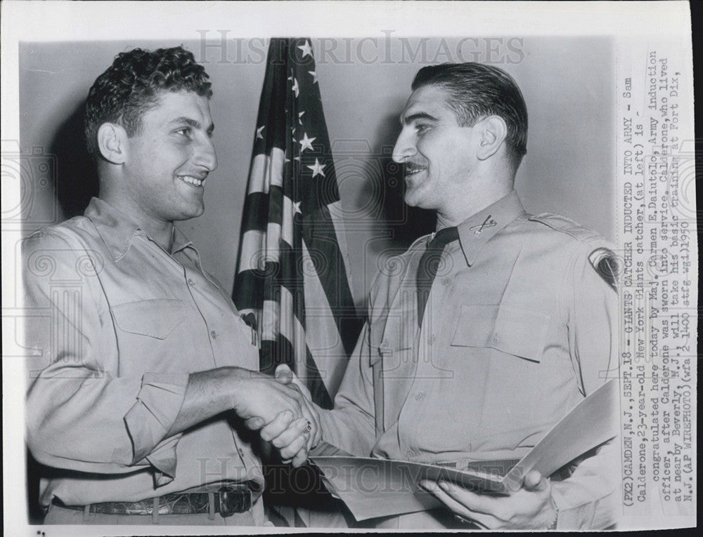 1950 Press Photo Giants Catcher Sam Calderon was sworn in to the U.S. Army - Historic Images