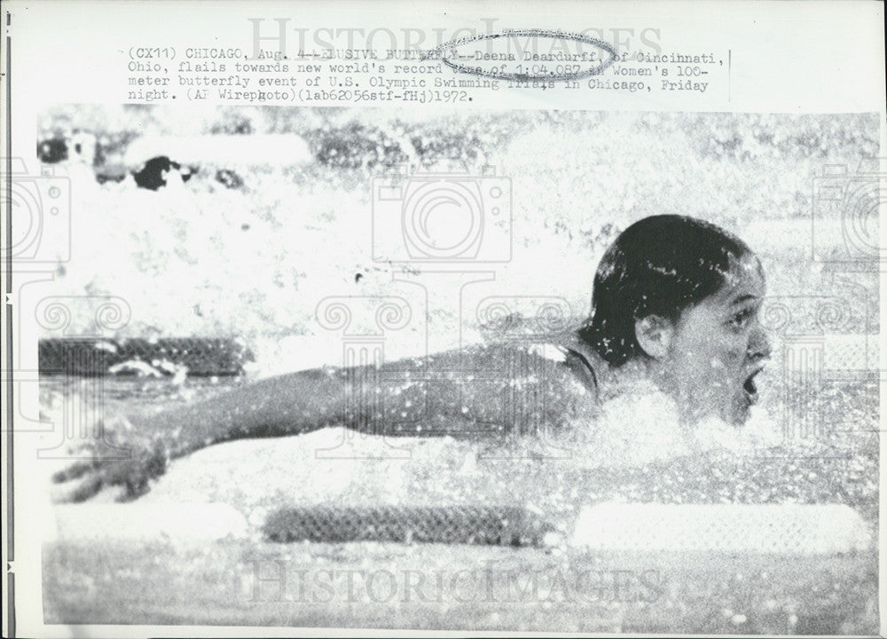 1972 Press Photo Deena Deardruff in Women&#39;s 100-Meter Butterfly Event - Historic Images