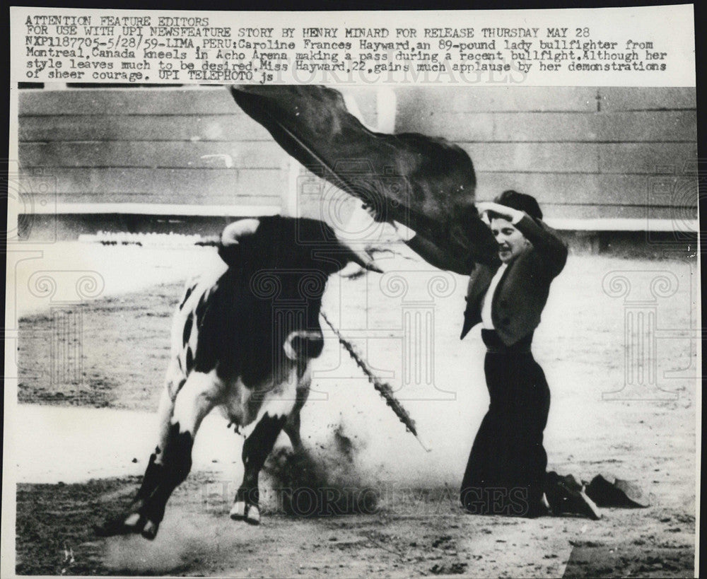 1959 Press Photo Caroline Frances Hayward, Bull Fighter from Montreal - Historic Images