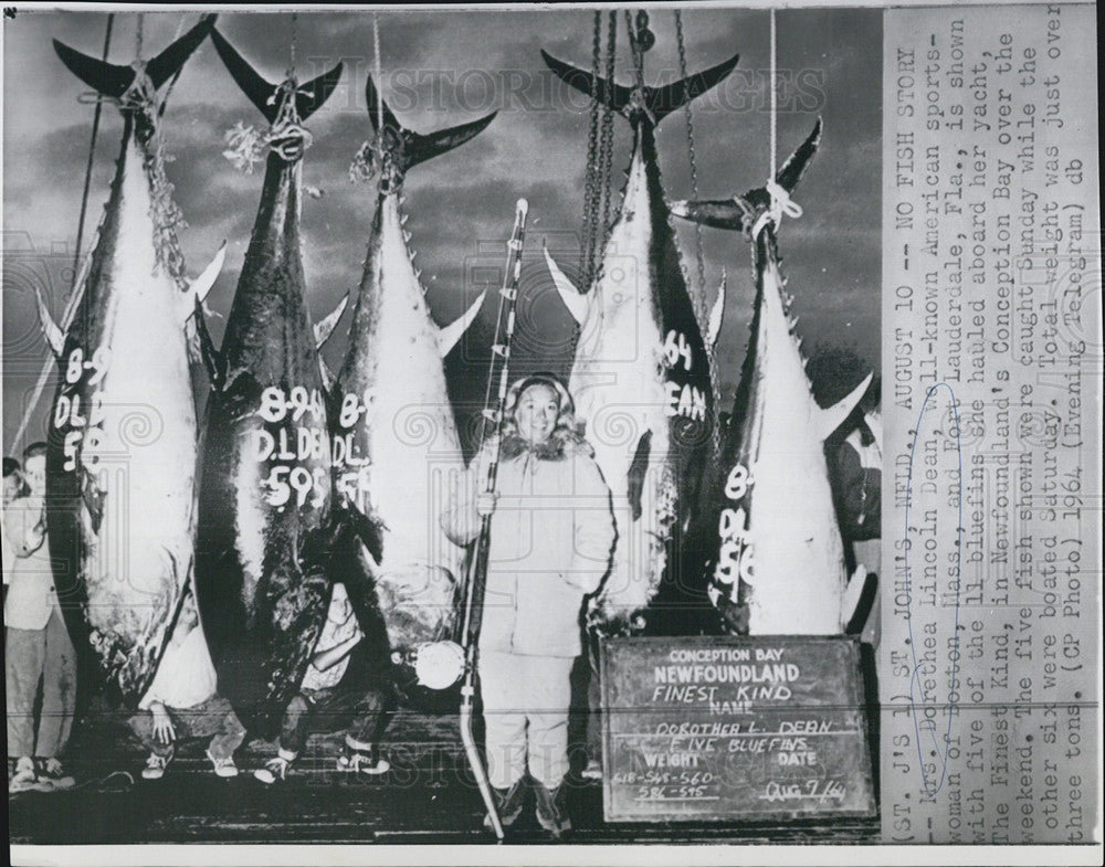 1961 Press Photo Mrs. Dorethea Lincoln Dean with five of the bluefins she hauled - Historic Images