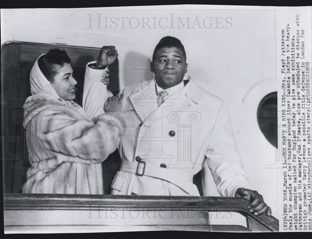 1958 Press Photo Heavyweight Champion Floyd Patterson and Wife Aboard Saxonia - Historic Images