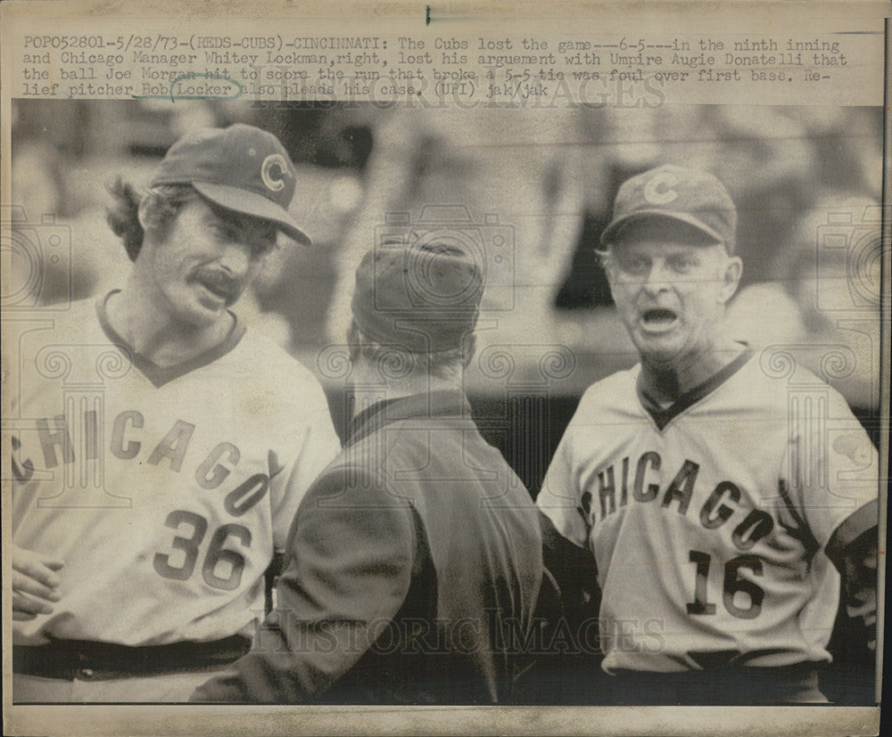 1973 Press Photo Chicago Manager Whitey Lockman and Bob Locker with Umpire - Historic Images