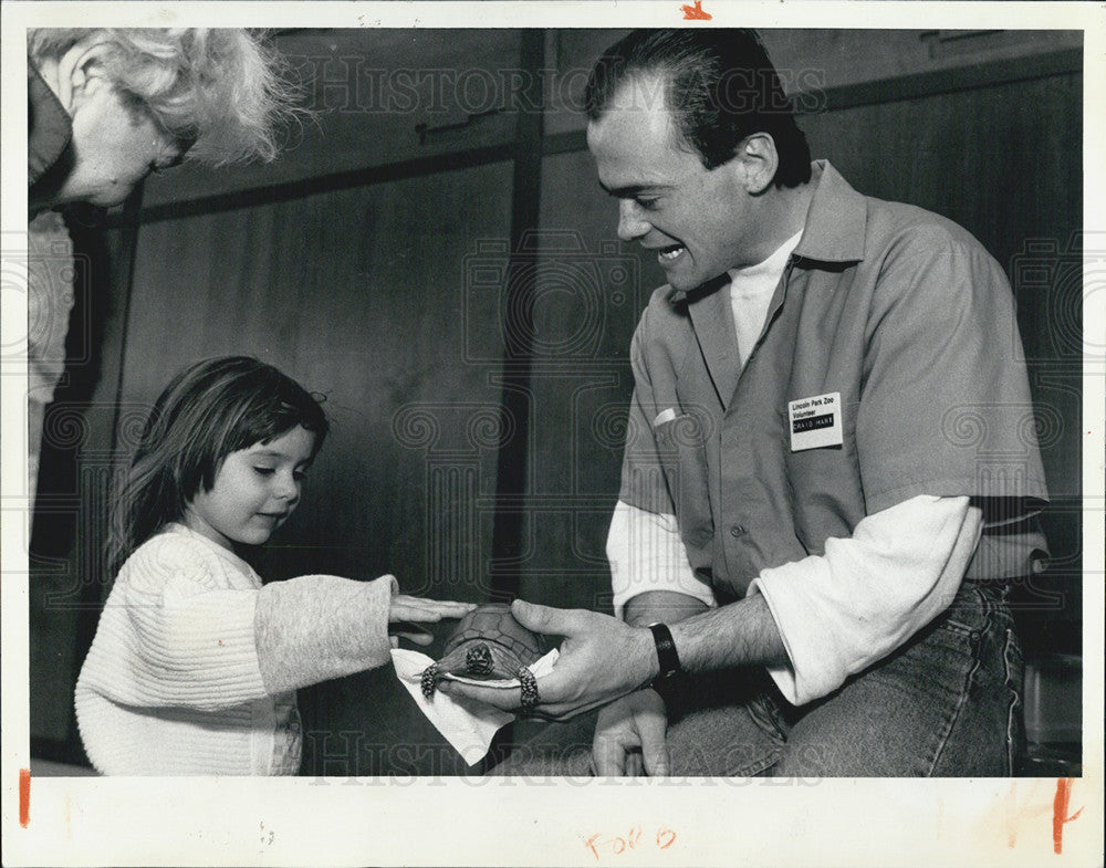 1990 Press Photo Gabriella Keresi Touch Turtle Held By Zoo Volunteer Craig Hart - Historic Images