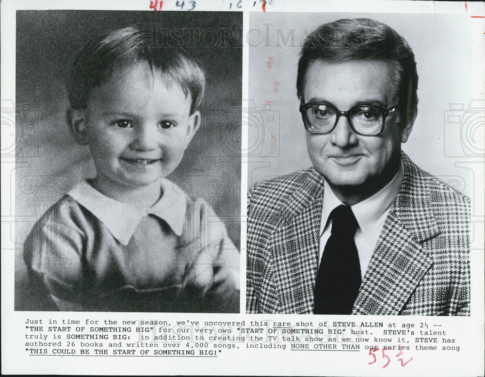 1985 Press Photo Steve Allen Today &amp; As A Child In &quot;The Start Of Something Big&quot; - Historic Images