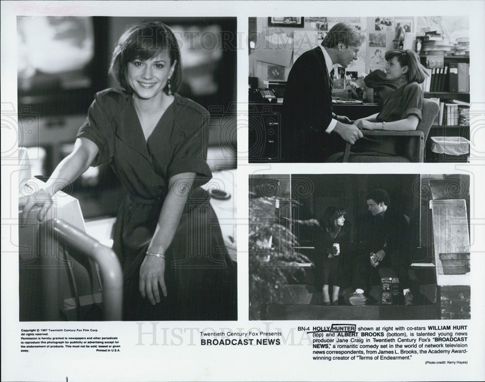 1987 Press Photo Actors Holly Hunter William Hurt Albert Brooks &quot;Broadcast News&quot; - Historic Images