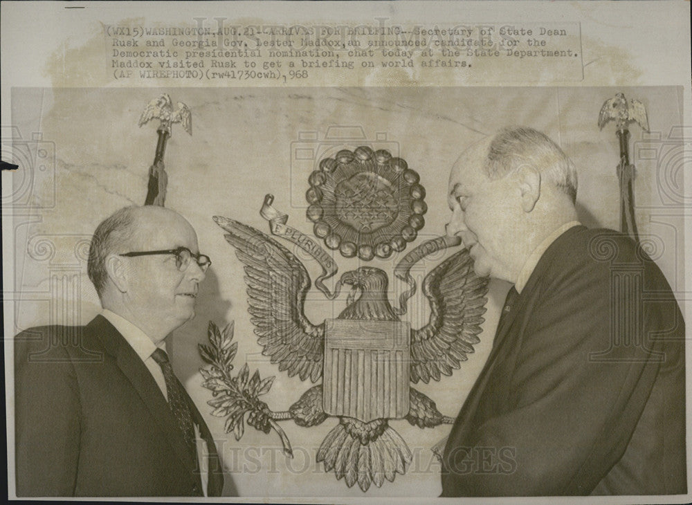 1968 Press Photo Secretary State Dean Rusk Georgia Governor Lester Maddox - Historic Images