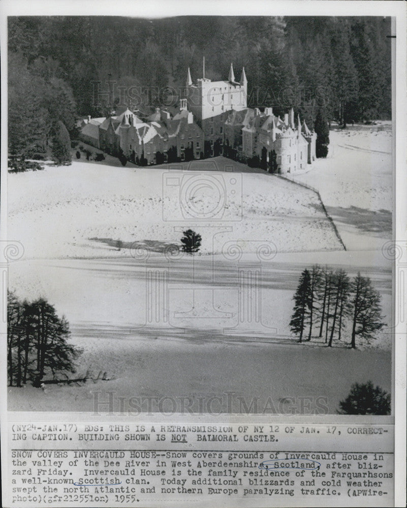 1955 Press Photo Scotland Snow Invercauld House Valley Dee River Aberdeenshire - Historic Images