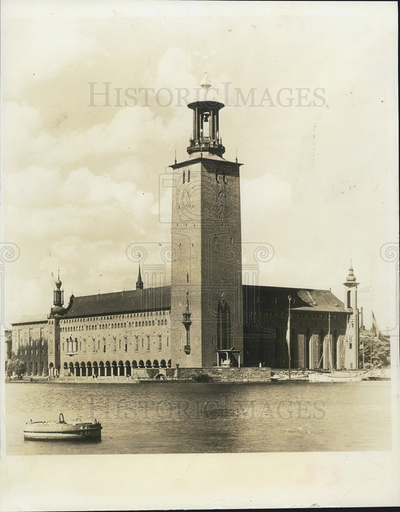 Press Photo Sweden Building Exterior Bell Tower Waterside - Historic Images