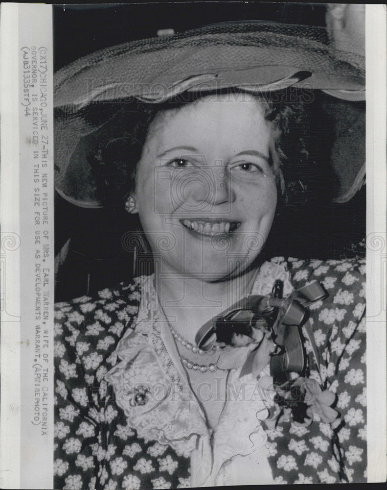 1944 Press Photo Mrs Earl Warren, Wife of California Governor - Historic Images