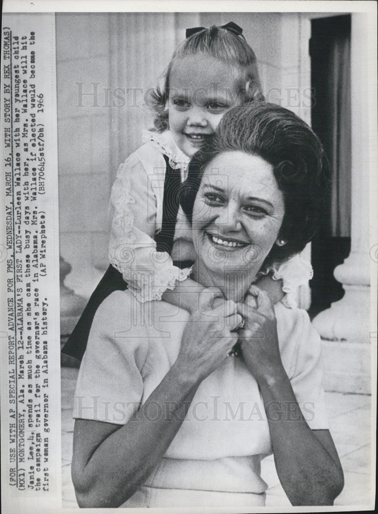 1966 Press Photo First Lady Lurleen Wallace with daughter Janie Lee - Historic Images