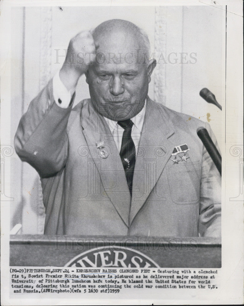 1959 Press Photo Khrushchev Soviet Premier Delivering Address at Univ of Pittsbu - Historic Images