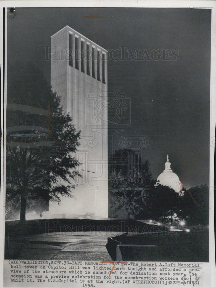 1958 Press Photo Robert A. Taft Memorial bell tower on capitol hill. - Historic Images