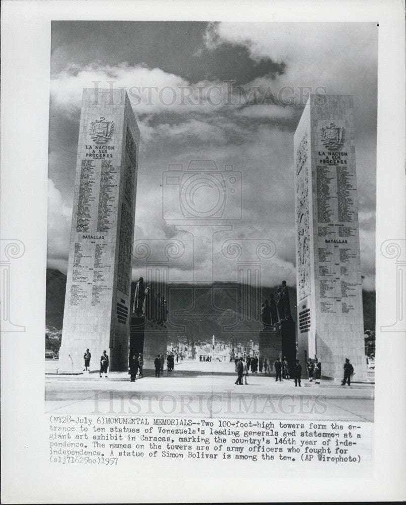 1957 Press Photo 2 100 foot towers form entrance to 10 statues of Venezuel's - Historic Images