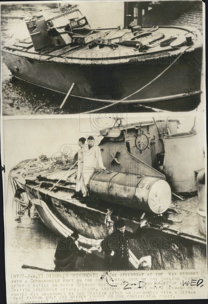 1941 Press Photo Disable speedboat  brought to German held area. - Historic Images