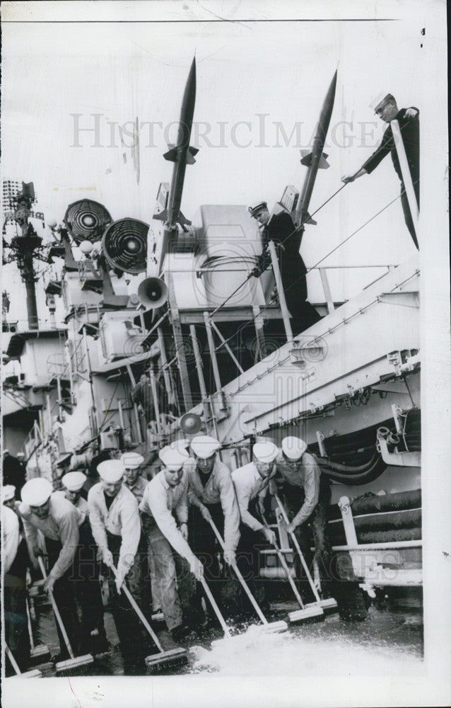 1955 Press Photo U.S.S. Boston Navy Swab Deck Recommissioning Philadelphia - Historic Images