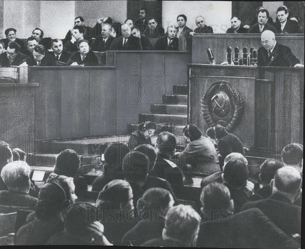 1956 Press Photo Soviet Premier Nikita Krushchev Addresses Soviet Party Congress - Historic Images