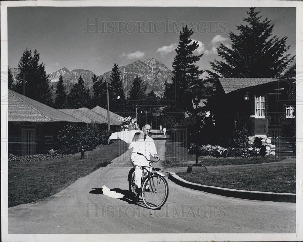 Undated Press Photo Room Service at Jasper Park Lodge Bicycle Riding Waiters in Canada - Historic Images