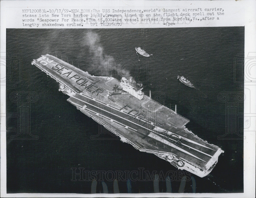 1959 Press Photo Aircraft Carrier Independence New York Harbor Seapower For - Historic Images