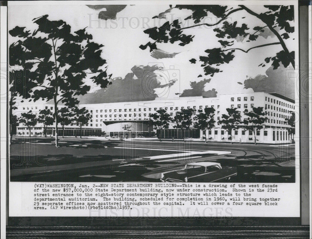 1957 Press Photo Drawing West Facade New State Department Building Washington - Historic Images