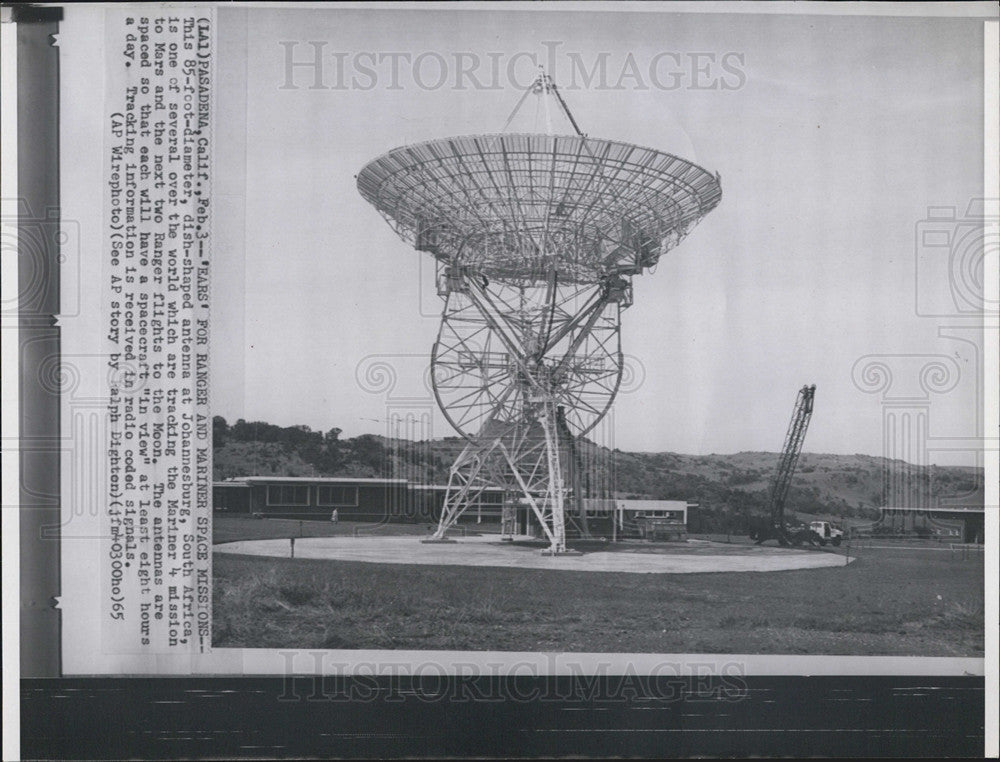 1965 Press Photo Huge Dish Antenna Ears Ranger Mariner Space Missions S. Africa - Historic Images