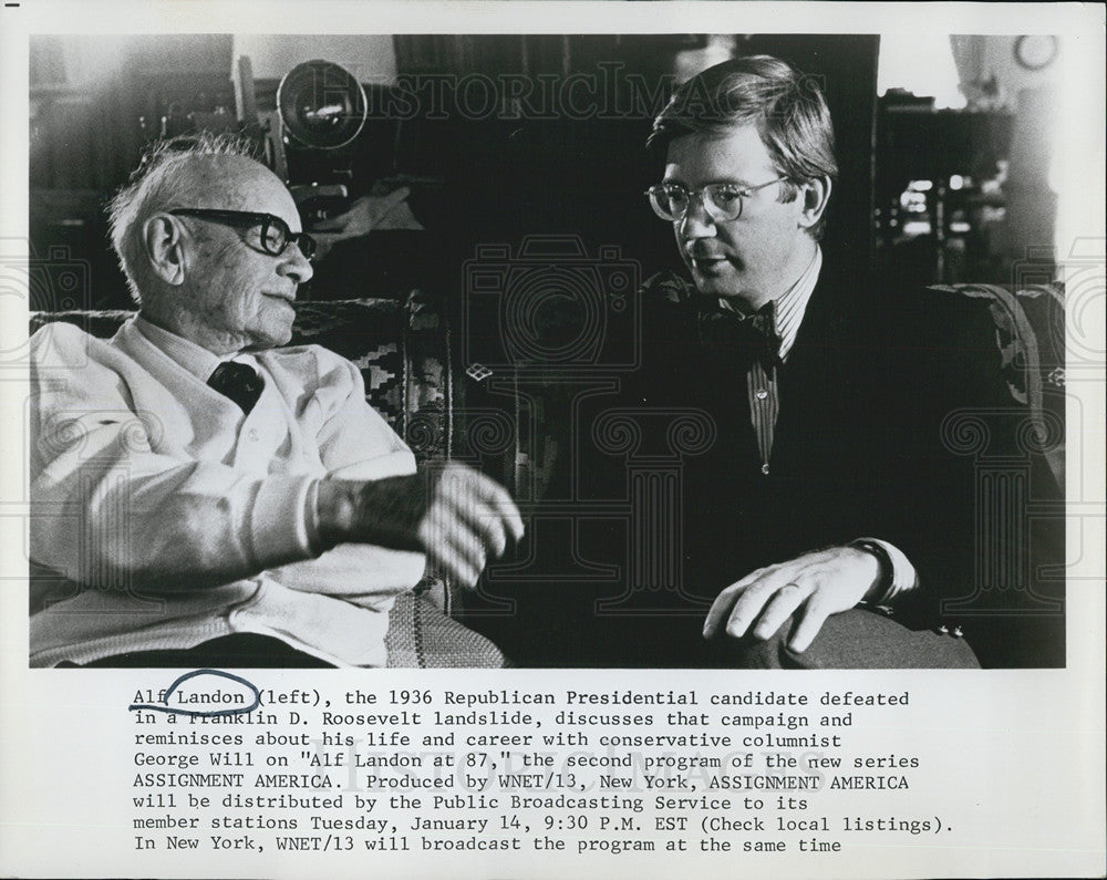 1975 Press Photo Alf Landon, 1936 Presidential Candidate, Columnist George Will - Historic Images