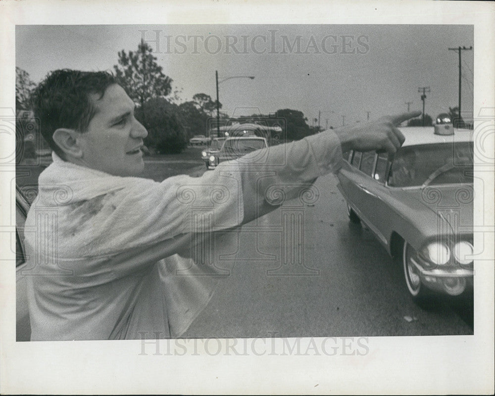 1966 Press Photo Tornado Survivor Points to Remains of Home - Historic Images