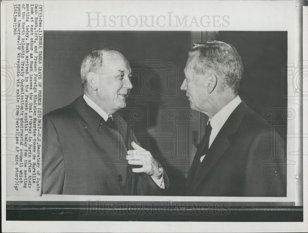 1966 Press Photo US Sec State Dean Rusk, French Foreign Minister de Murville - Historic Images