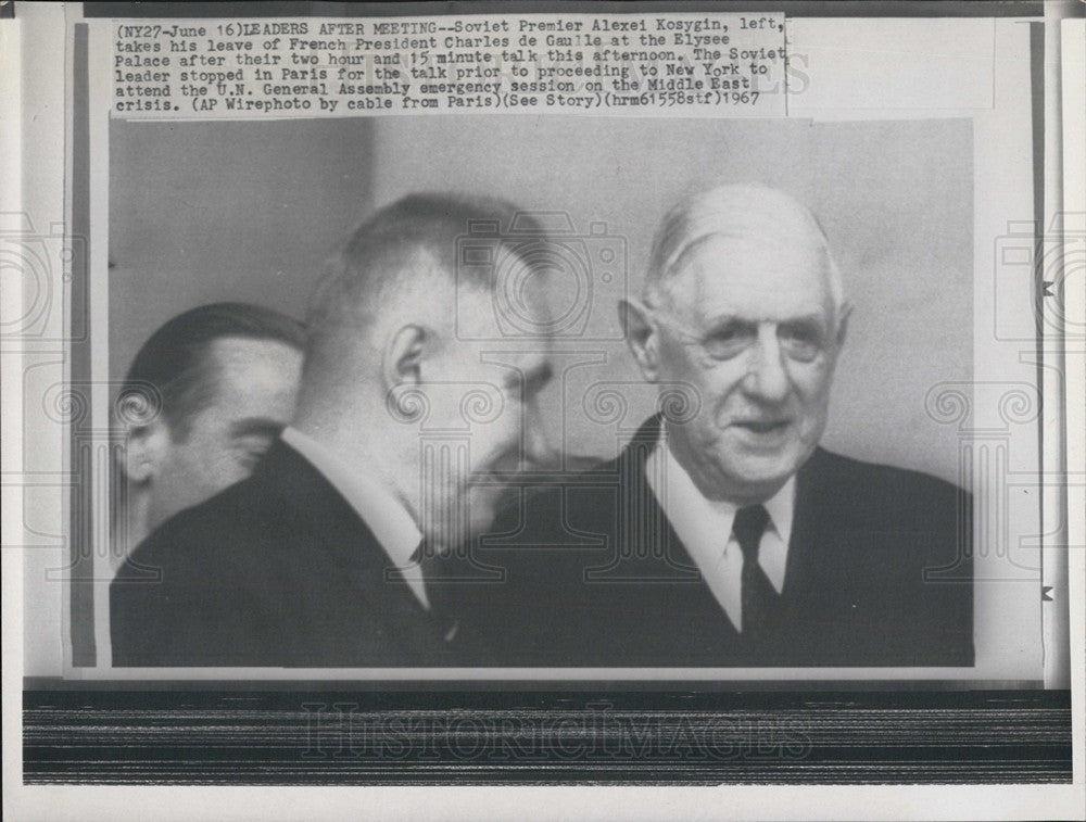 1967 Press Photo of Soviet Premier Alexei Kosygin &amp; France PM Charles de Gaulle - Historic Images