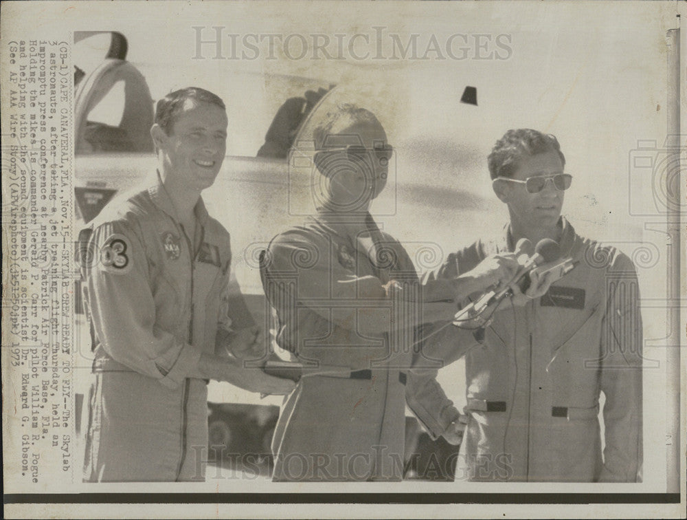 1973 Press Photo Skylab 3 Crew Press Gerald Carr Edward Gibson William Pogue - Historic Images