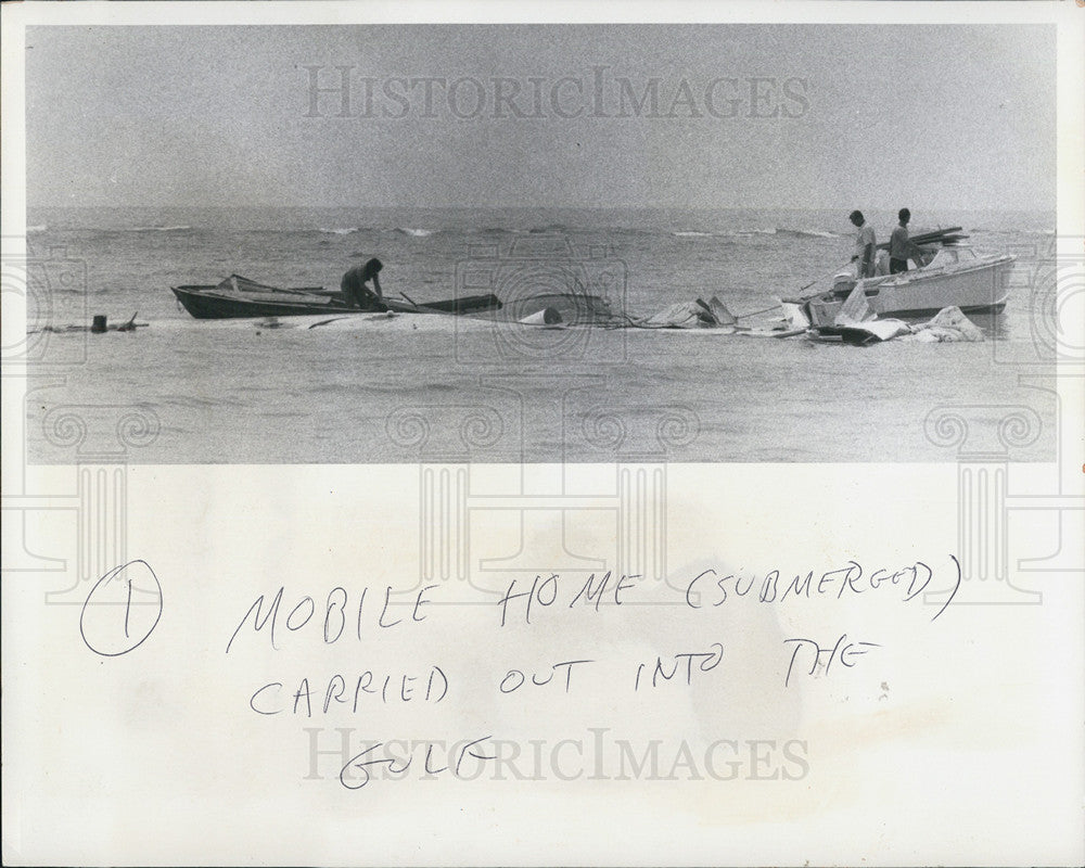 1973 Press Photo Mobile Home Submerged In Water Tossed By Severe Winds Storms - Historic Images