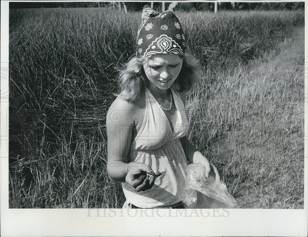 1976 Press Photo Keneta Shepherd catches Fiddler Crabs roadside of the Gulf. - Historic Images