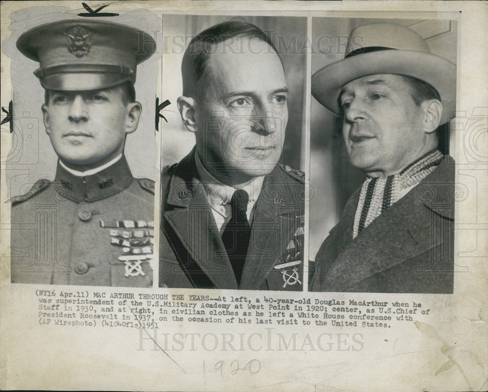 1951 Press Photo Douglas MacArthur, in 1920,1903 and 1937. - Historic Images