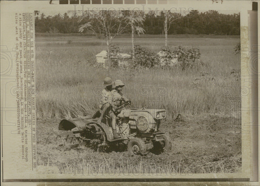 1970 Press Photo Vietnemese boys ride tractor through rice paddy - Historic Images