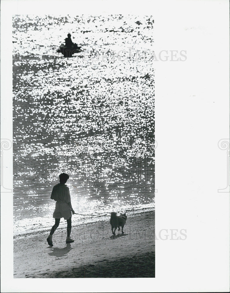 1989 Press Photo Woman walks dog on beach. - Historic Images