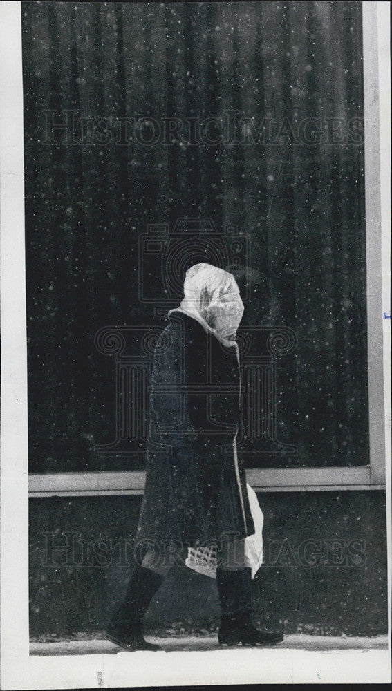 1976 Press Photo Woman Covers Head form Rain To Avoid Snow Storm At Bus Stop - Historic Images