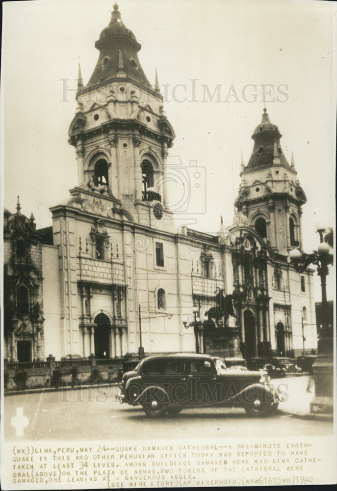 1940 Press Photo Lima Earthquake Damage Cathedral Plaza De Armas Towers - Historic Images