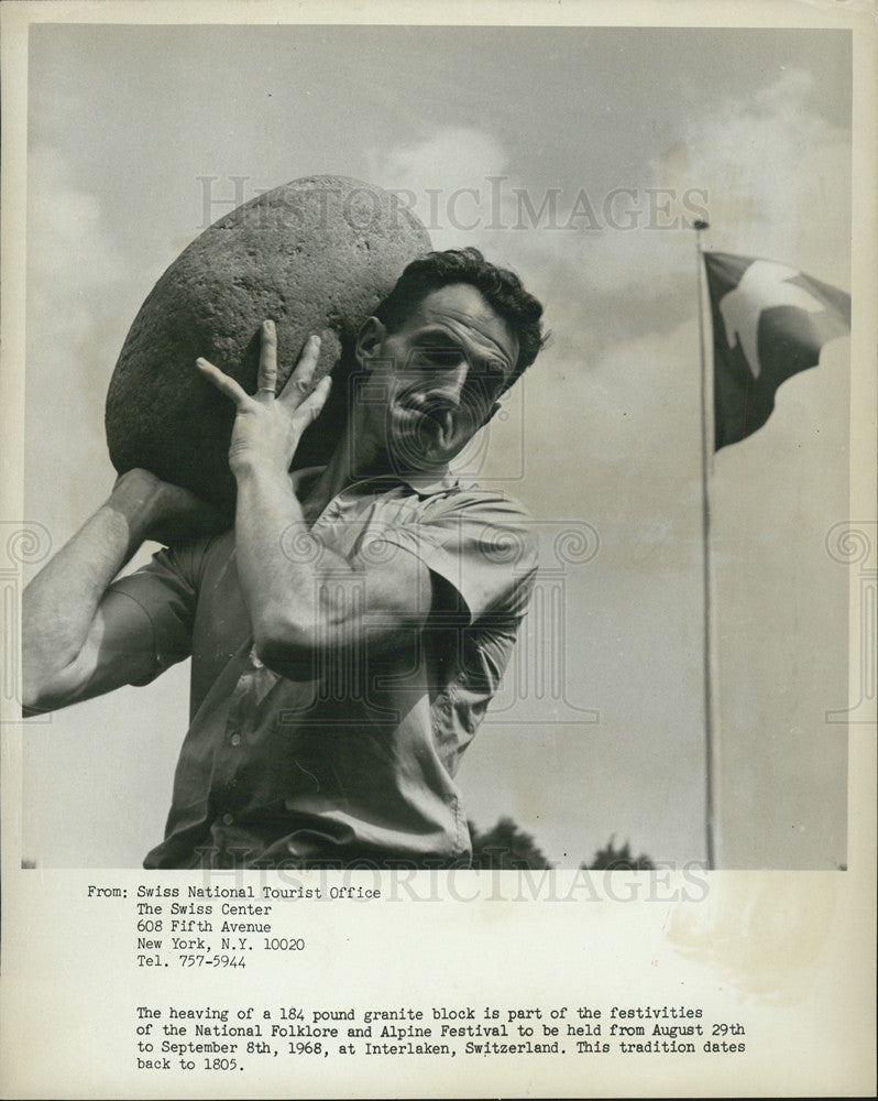 1968 Press Photo 184 Pound Granite Block National Folklore Alpine Festival Swiss - Historic Images