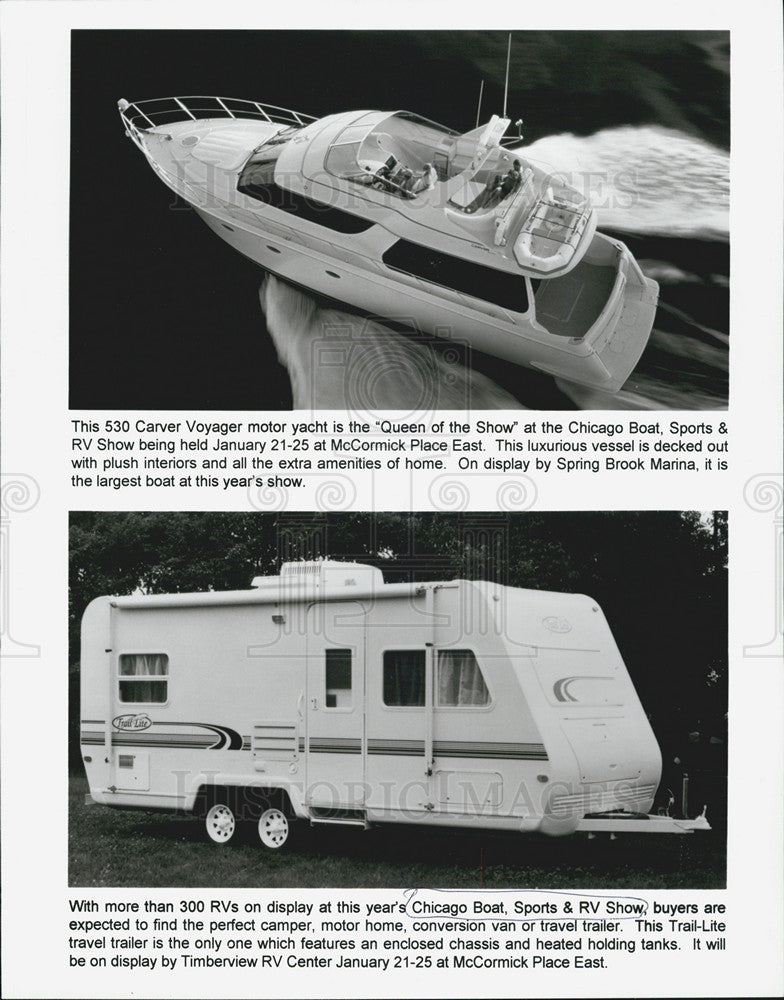 Press Photo of a 530 Carver Voyager yacht and a Trail-Lite travel trailer - Historic Images