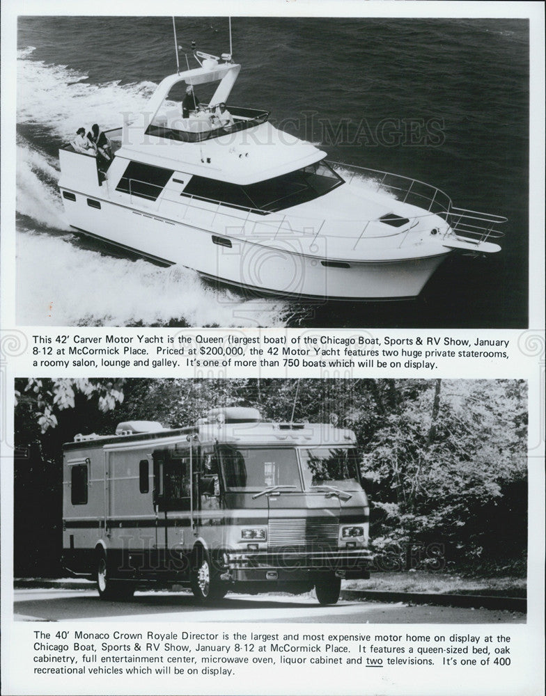 1986 Press Photo of a Carver yacht and a Monaco Crown Royal Director RV - Historic Images