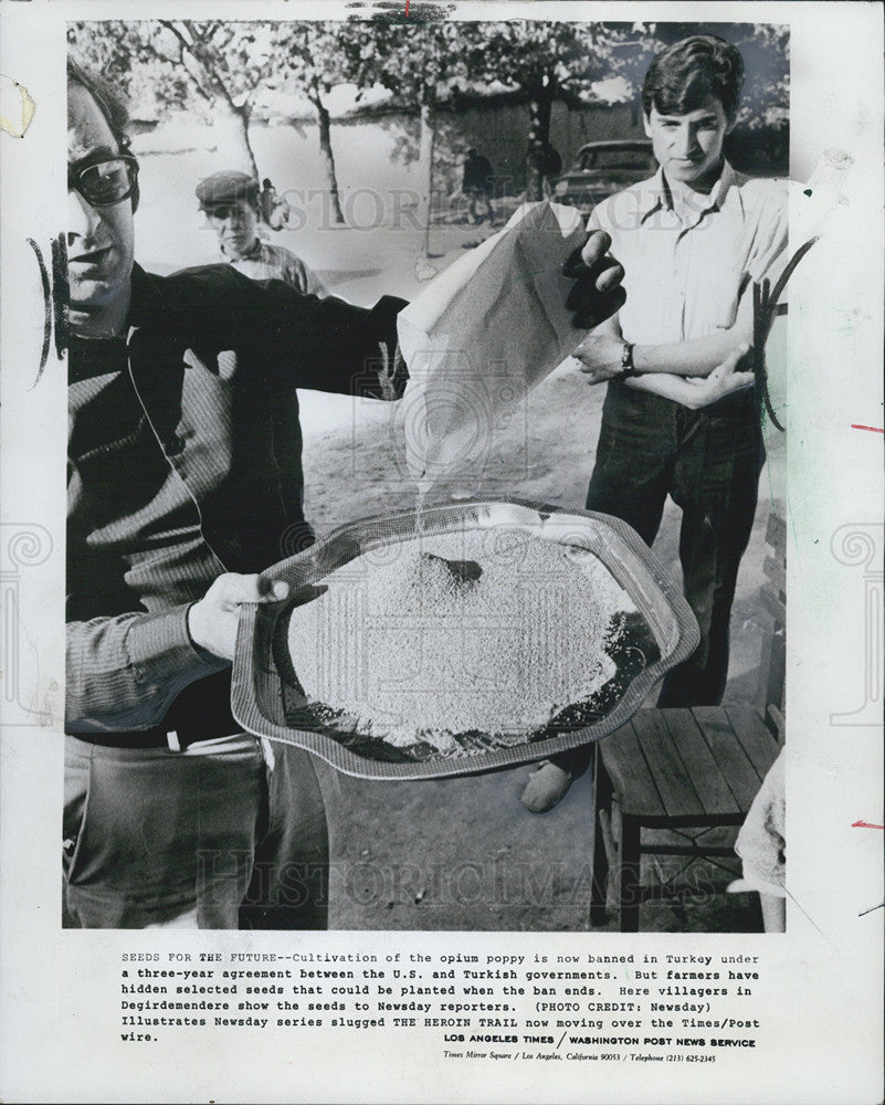 1973 Press Photo Villagers in Degirdemendere show seeds to news day reporters - Historic Images