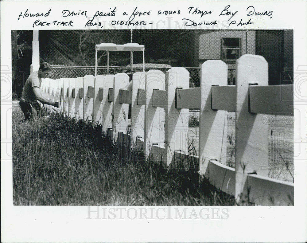 1986 Press Photo Maint Man H  Davies Paints Fence Tampa Bay Downs Racetrack FL - Historic Images