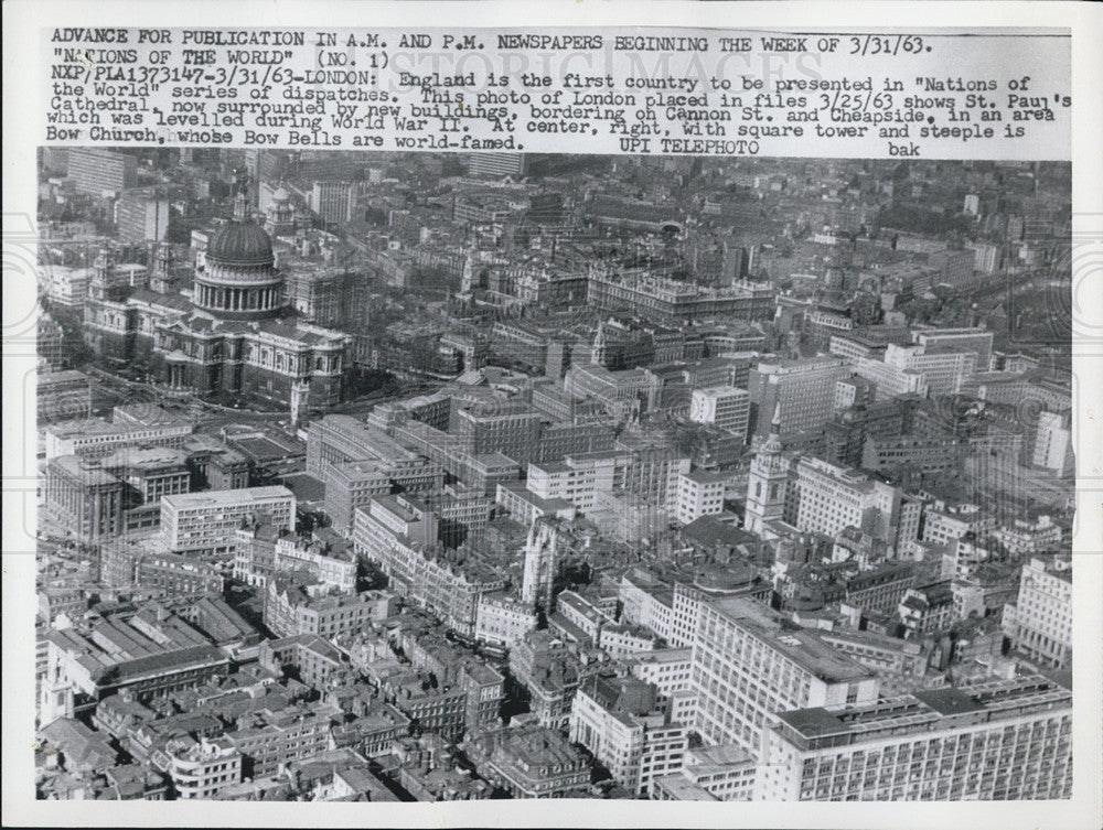 1963 Press Photo Aerial View St. Paul&#39;s Cathedral and Bow Church London England - Historic Images