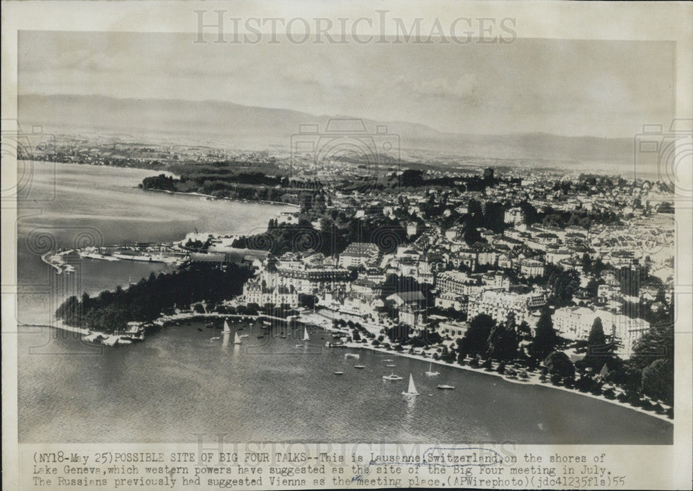 1955 Press Photo Lausanne Switzerland Shores Lake Geneva Big Four Meeting - Historic Images