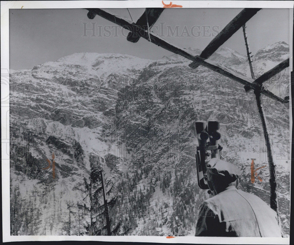 1959 Press Photo Man Looks atSnow Slide on Swiss Nagelhorn Slope Herbriggen - Historic Images