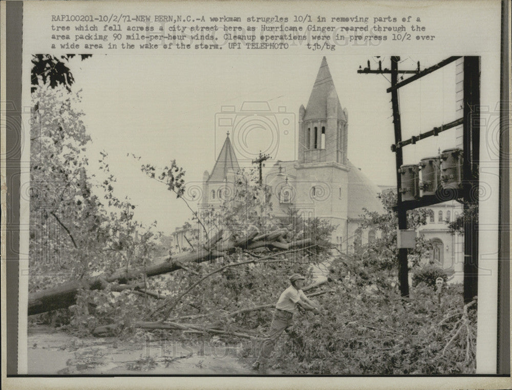 1971 Press Photo Workman Removing Parts Tree City Street Hurricane Ginger NC - Historic Images