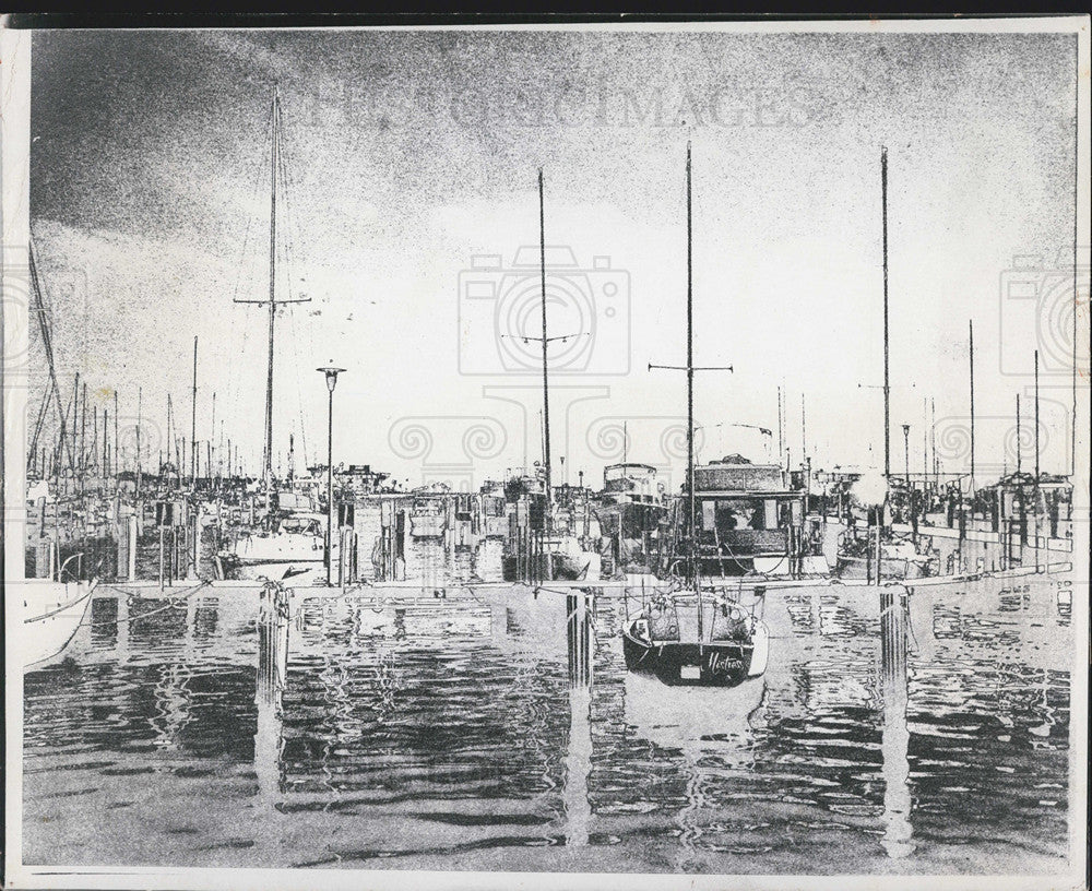 1976 Press Photo Drawing Of St Petersburg Yacht Basin Pier In Background - Historic Images