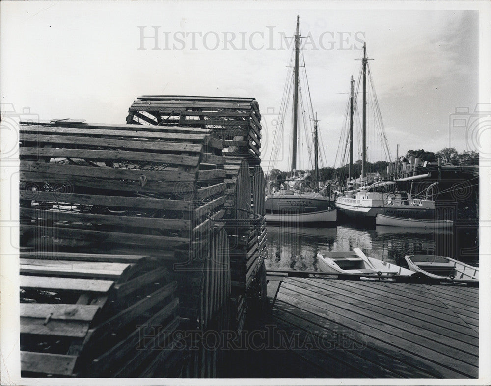 1965 Press Photo Lobster Pots &amp; Schooners in thr Harbor at Camden Maine - Historic Images