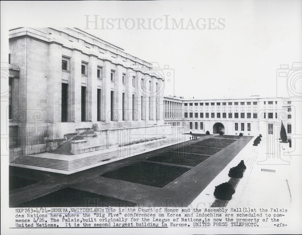 1954 Press Photo Geneva Switzerland Court of Honor Assembly Hall - Historic Images